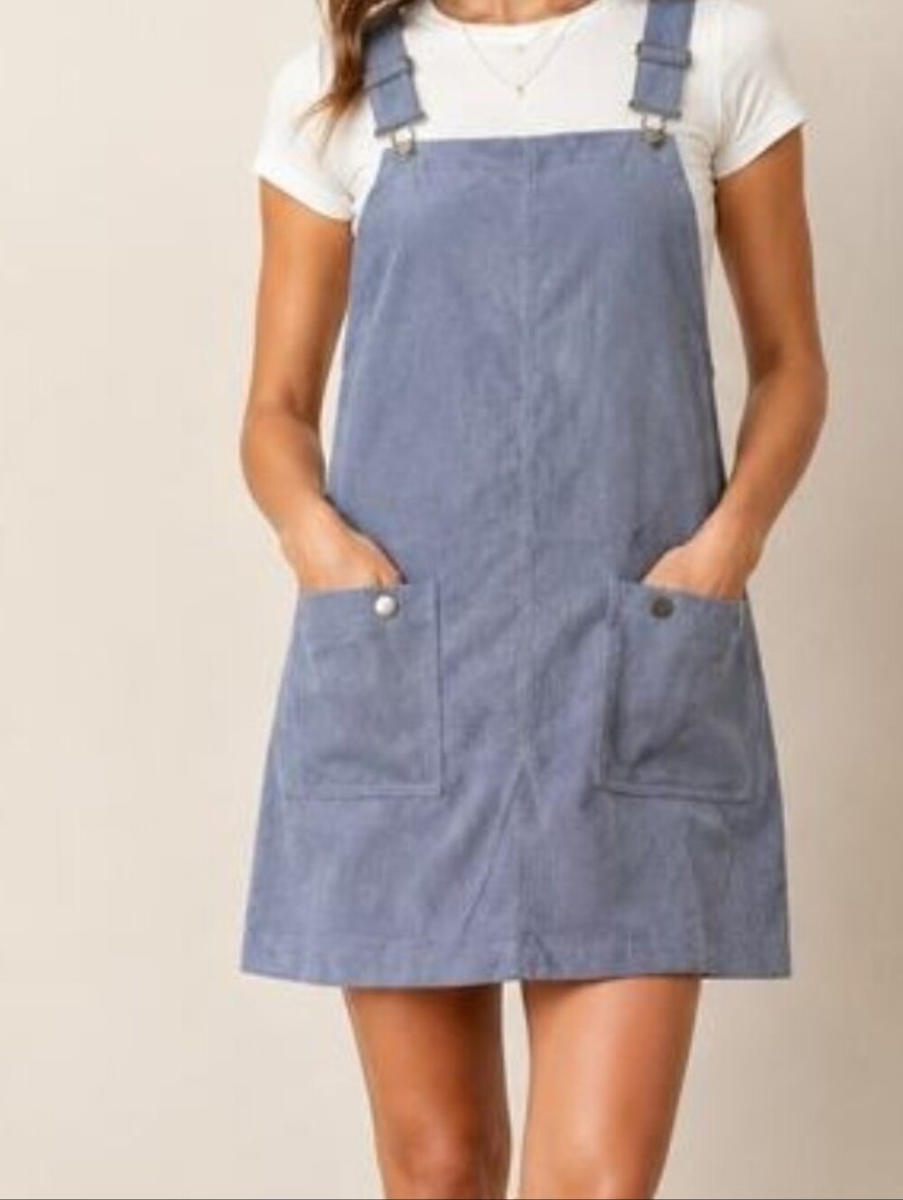 Heyson Blue Grey Suspenders Jumper Dress Ribbed With Pockets. STYLE #ED5393